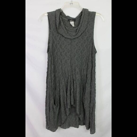 YUSHI SLEEVELESS GRAY COWL NECK CRINKLE FABRIC POCKETS HI-LO DRESS SIZE L - Picture 1 of 5